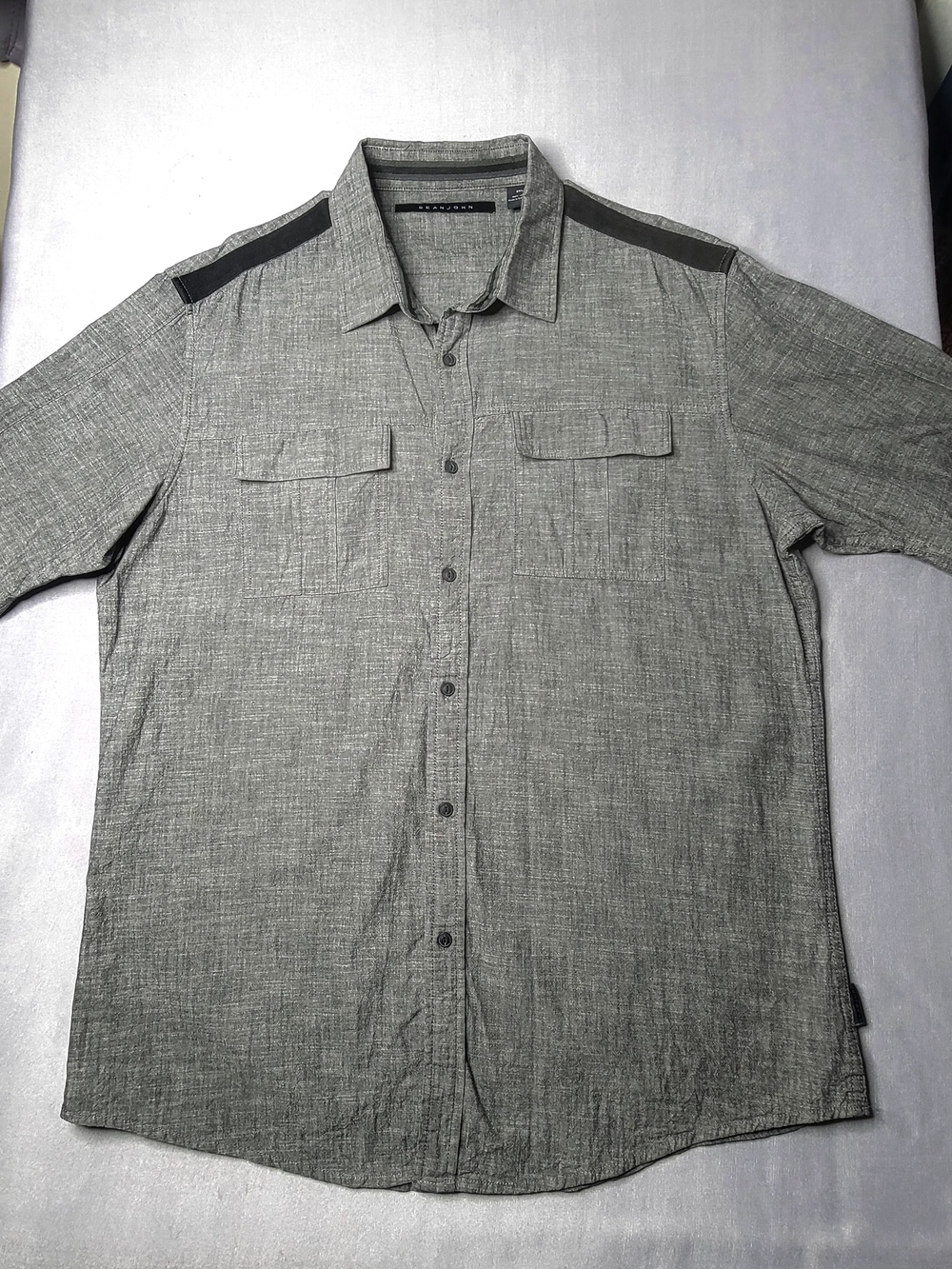 Sean John Mens Gray Short-Sleeve Button-Down Casual Shirt 100%cotton Size XXL